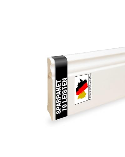 24 m Trevendo Sockelleiste Massivholz weiß lackiert altberliner Profil 16 x 80 x 2400 mm - Fußbodenleiste aus Echtholz mit rundum aufgebrachter weißer Grundierung und Decklack