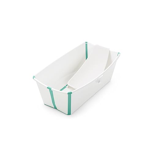 Image of Stokke Flexi Bath Portable Baby Bathtub Bundle with Heat-Sensitive Plug and Newborn Baby Bath Support, White Aqua