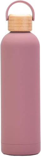 Zxyler 水筒 ステンレスボトル 保温保冷 おしゃれ 直飲み 軽量 木蓋付き ハンドル付き 漏れ防止 広口 食洗機対応 子供 大人 学校 ジム アウトドア (ピンク,1L)