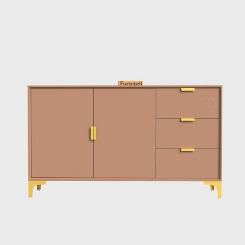 Image of Wooden Sideboard Cabinet for Living Room & Bedroom | Wooden Storage Cabinet with 2 Doors & 3 Drawers Storage | Large Storage Organizer /Cupboard | HDMR Premium Wood | Gold Metal Legs (Beige)