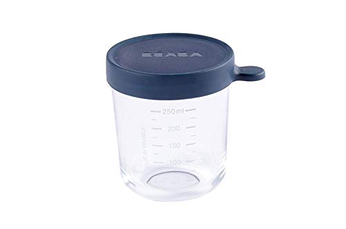 Béaba - Tarros de Conservación para Bebé - Tupper en Cristal - Resistente al calor - Recipientes para guardar la comida de Bebé - Con indicador de cantidad - 1x 250ml - Azul Oscoro