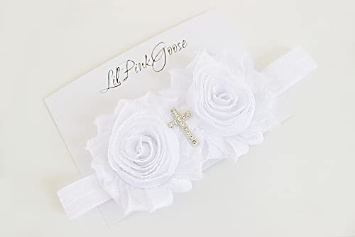 0-12 Months Baby Girls Baptism Headbands Ivory & White Weddings Headbands (6-12 Months, White with Cross)2