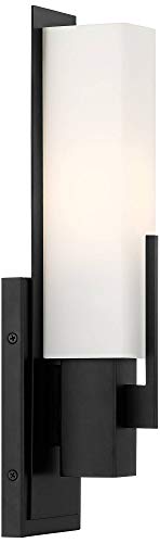 Image of Possini Euro Design Midtown Modern Wall Light Sconce Black Hardwired 4 1 /2 inch Fixture Opal White Glass Rectangular Shade for Bedroom Bedside Bathroom Vanity Living Room Hallway Dining House Kitchen