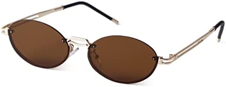 ADE WU Retro Oval Sunglasses Women Vintage Rimless Tinted Lenses Small Face Frameless Glasses (Gold/Brown)