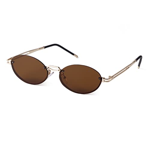 Ade Wu Retro Oval Sunglasses Women Vintage Rimless Tinted Lenses Small Face Frameless Glasses (Gold/Brown) #TOP3