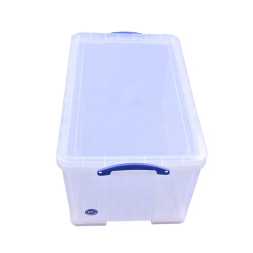 Image of Really Useful Box 84 Liters Storage Container with Snap Lid and Clip Lock Handle for Lidded Home and Item Storage Bins, 4 Pack, Clear