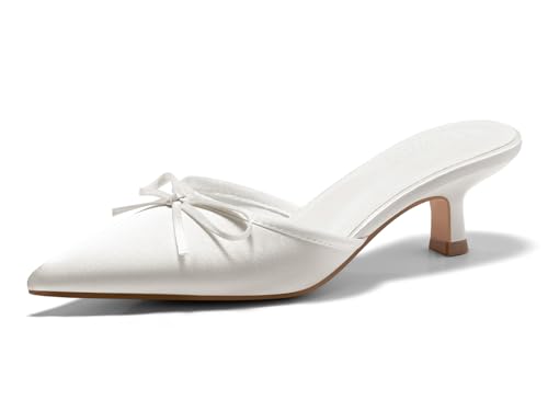 Image of Coutgo Womens Kitten Heels Mules with Bow Satin Slip on Pumps Closed Pointed Toe Dress Wedding Party Shoes