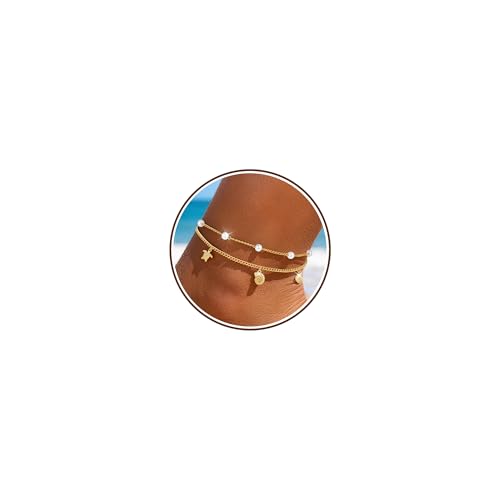 Image of Chihayafuji 925 Silver Ankle Bracelets for Women 14k Gold Plated Waterproof Dainty Layered Stackable Seashell Pearl Charm Non Tarnish Adjustable Anklet Summer Beach Jewelry Gift