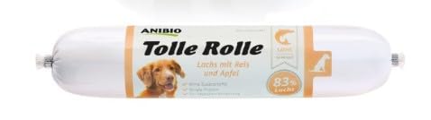 Anibio 8 x Tolle Rolle Lachs 400g | Single Protein | Nassfutter für Hunde | mit Reis und Apfel | 83% Lachs ohne Kopf und Innereien | Glutenfrei | Ohne Zusatzstoffe | Geprüfte Qualität