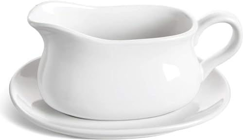 Gravy Boat & Saucer, 15 oz, Ceramic Serving Dish, Dispenser with Tray for Sauces, Dressings and Creamer, Large Handle, Microwave and Dishwasher Safe (White)