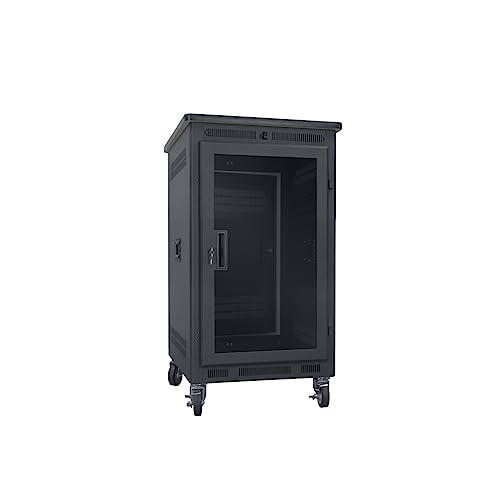 Lowell LPR-1422PGT LPR Series 14U x 22 Inches D Portable AV Rack with Plexiglass Door, Laminate Top, Black; Solid Steel Top Plus Premium Laminate Overhanging Top; Smoked Plexiglass Front Door