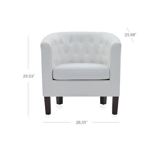 Image of BELLEZE White Accent Chairs for Living Room, Set of 2 Elegant Arm Chairs, Upholstered Tufted Barrel Chairs Club Chairs for Bedroom with Sturdy Legs and Faux Leather - Berlinda (White)