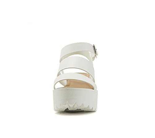 Soda Account ~ Women Open Toe Two Bands Lug Sole Fashion Block Heel Sandals With Adjustable Ankle Strap (White, Numeric_9) #TOP3