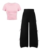 Kxuryueo Teen Girls Matching Outfit Short Sleeve Tee Shirt and Bowknot Wide Leg Pants Size 13 14