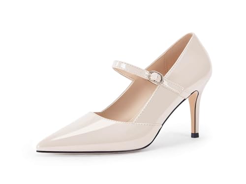 Image of Coutgo Womens Mary Jane Pumps Stiletto High Heels Closed Pointed Toe Buckle Strap Patent Leather Dress Wedding Party Shoes