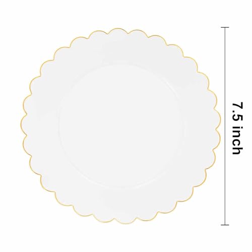 SUT 72 Pcs White Gold Plastic Dessert Plates, 7.5 Inch Gold Disposable Appetizer Plates, Gold Salad Plates, Fancy Gold Cake Plates, Small Plastic Plates for Wedding Parties