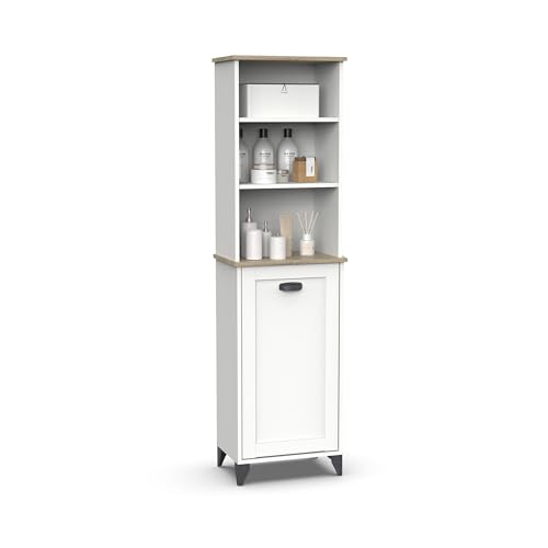 Muebles Pitarch | Colonna da bagno, armadietto alto con ripiano, 1 porta con 1 ripiano interno regolabile, 168x46,5x31cm, Bianco e Rovere Cambrian, Vintage, modello Toscana