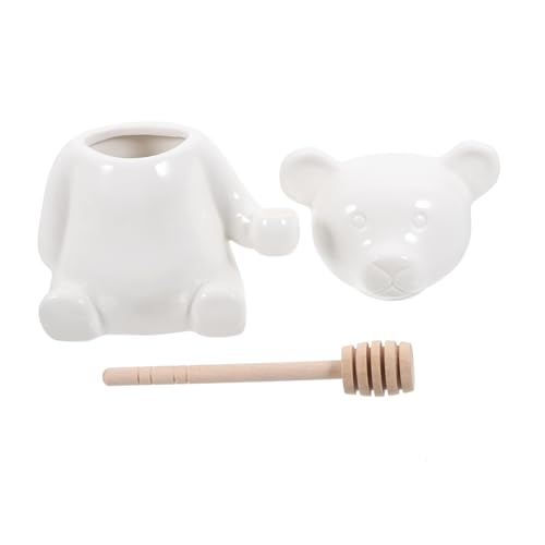 Unomor 1Set Ceramic Honey Storage Jar with Dipper Bear Shaped Design Smooth Surface for Home Use Honey Jars with Dipper for Easy Serving and Stirring