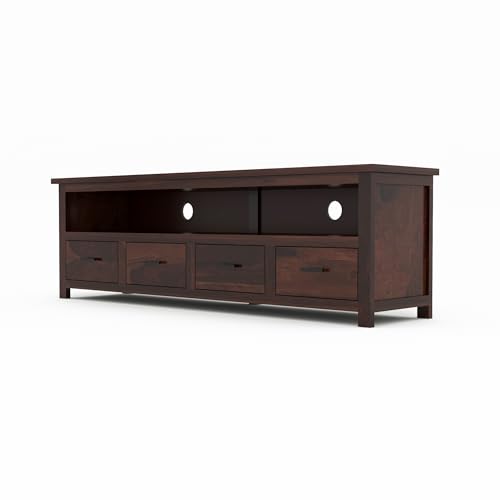 Image of Sheesham Solid Wood TV Cabinet for Living Room | Handcrafted Wooden TV Unit with Storage | Elegant Entertainment Stand for Modern Homes (4 Drawer Tv Cabinet, Walnut)
