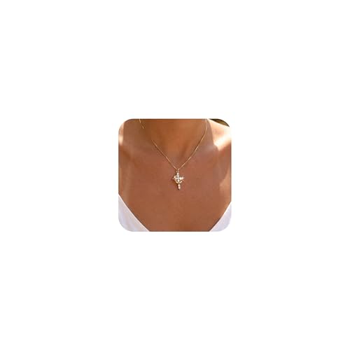 CONRAN KREMIX Waterproof Gold Cross Necklace Box Chain Necklaces for Women Non Tarnish,14k Gold Plated Stainless Steel Dainty Cross With Crown Necklace for Women Christian Gifts Jewelry