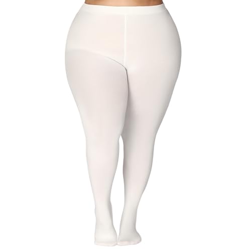 Plus Size Fleece Lined Tights, Thermal Winter Pantyhose for Women Multiple Colors, Sizes Up to 6XL (White, 1X-2X)