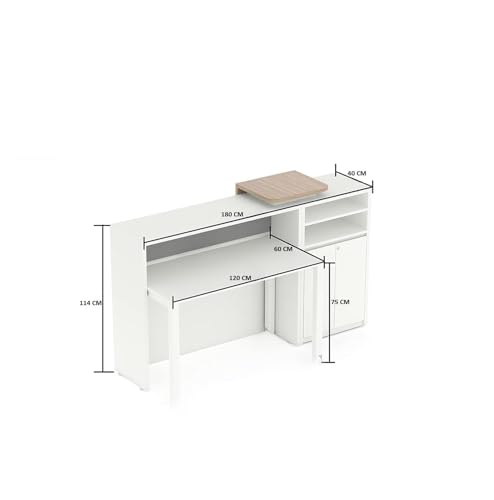 Image of TEKAVO Frontline Reception Table for Office, Shop, Clinic, Showroom | Front Desk for Office | White & Brown Wood | 180 x 40 x 114 CM | DIY