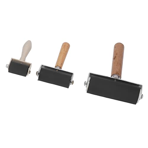 3 Pack Rubber Brayer Roller with Wooden Handle, 3 Size Art Craft Roller Vinyl Roller for Printmaking Wallpapers Stamping Gluing Application
