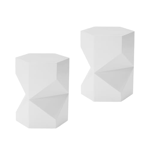Image of COSIEST MgO Concrete Side Table, 18 Inch Hexagonal Geometric Outdoor End Accent Table, All-Weather Patio Garden Stool, Modern Plant Stand & Coffee Table for Balcony Backyard, White, 2 Pack