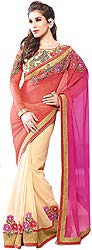 Exotic India Hot-Coral and Cream Wedding Sari with Floral Patches and E - Orange