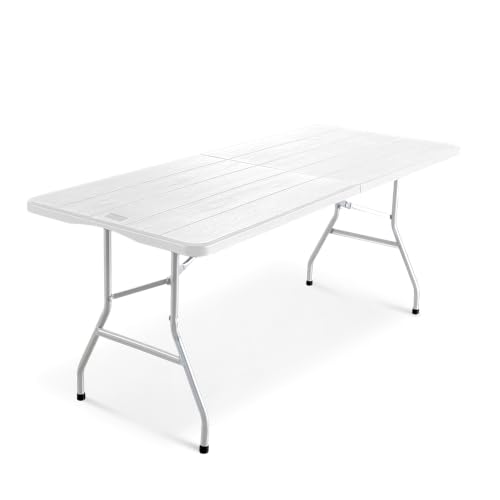 KEPLIN 6ft Folding Table with White Wood Slate Patterned Top, 180x70x74cm – Sturdy Metal Frame, Waterproof, Portable & Easy Assembly – Ideal for Parties, BBQs, Camping (Wood Slate)