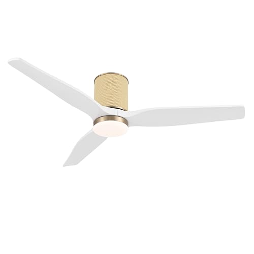 LEDLUX 52" Ceiling Fan with Light - Low Profile Flush Mount Ceiling Fan, 6-Speed Remote Control, Solid Wood, Quiet Reversible DC Motor, Boho Style, for Bedroom, Living Room, Porch White/Gold by LEDLUX - Used condition - US$149.94