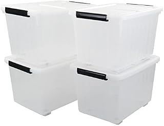 Qshape 50 L Clear Plastic Storage Boxes, Lidded Storage Boxes with Wheels, 4-Pack