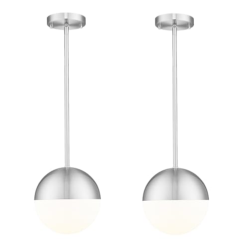 LMS 2 Pack Modern Pendant Lights, Mid Century Brushed Nickel Kitchen Lighting with White Globe Glass Shade, Adjustable Hanging Light Fixtures Ceiling Light for Home Office Dining Room, LMS-186BN2PK