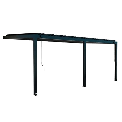 Image of Backyard Discovery Evanston 20'x10' Galvanized Steel Wall-Mounted Louvered Pergola Kit with Adjustable Roof, Shade, Rain Protection, High-Wind Rating, PowerPort, Gutter System for Outdoor Patio, Deck