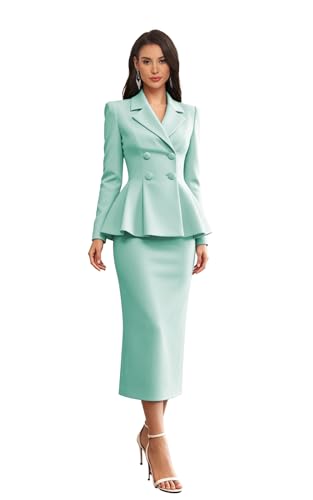 Womens Double Breasted 2 Piece Skirt Suit Set Ruffle Long