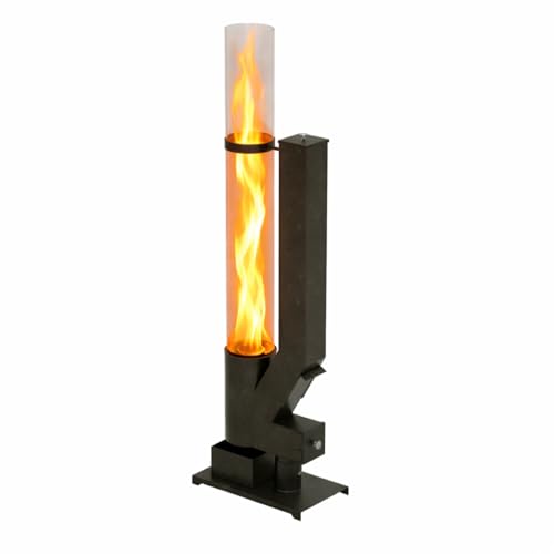 APANA Pelletfackel Flame für Holzpellets - Outdoor Feuerfackel Gartenfackel mit hitzebeständiger Glasröhre bis 450C Stahl schwarz pulverbeschichtet Abdeckung für sauberes Befüllen