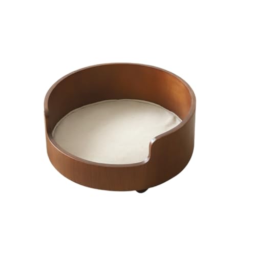 【四季通用】ペットベッド 犬 猫 木製フレーム クッション取り外し可 丸型デザイン おしゃれ 室内用 洗える ふわふわ厚手 安全設計 (赤ウォールナット木目 縦目,40*40*19cm)