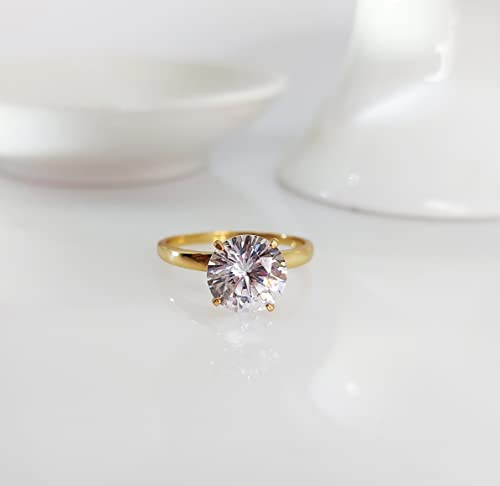 Hoops & Loops Yellow Gold Flashed 925 Sterling Silver 3.0Ct Round Brilliant Cut Cubic Zirconia Solitaire Engagement Bridal Wedding Statement Band Ring For Women, Size 7 #TOP3