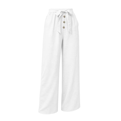 Linen Wide Leg Pants for Women, High Waisted Button Work Casual Flowy Tie Knot Trousers with Pockets, Lightweight Breathable Summer Vacation Beach Office Work Womens Palazzo Pants 2026WhiteS — view 4