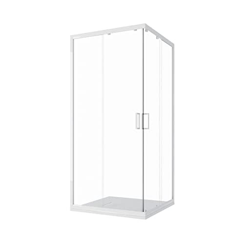 Box Doccia Angolare 80x80cm mod. Ibiza con Apertura Scorrevole Vetro Temperato Trasparente 4mm Altezza 185cm Profili in Alluminio Bianco Maniglia ABS Bianco