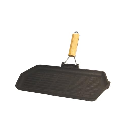 Baumalu, Poêle Grill Rectangulaire en Fonte 33,5 cm x 19,5 cm, Manche Rétractable en Bois, Noir, Compatible Tous Feux et Induction, Idéal pour Barbecue et...