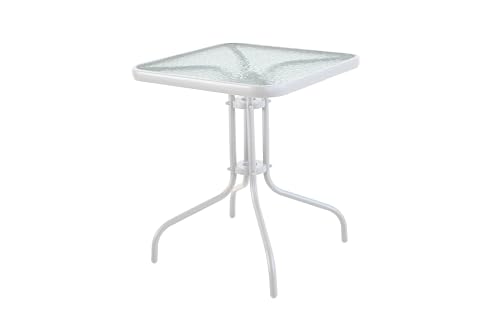 HERSIG - Mesa de Jardin Cuadrada de Acero y Vidrio Templado - Mesa Exterior Blanco 60x60x70 CM - Mesas de Terraza y Jardín Cuadradas Resistentes - Mesas para Verano Exterior con Cristal Texturizado