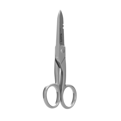 Klein Tools 2100-7 Electrician Scissors, Made in USA, Nickel-Plated Scissors with Stripping Notches, Made in USA, 5.25-Inch Snips for Datacom, Telecom, Electrical and Heavy-Duty Use