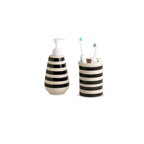 Image of ExclusiveLane 'Monochrome Lines' Hand-Painted Ceramic Bathroom Accessories Set of 2 (Liquid Soap Dispenser for Wash Basin, Paste & Toothbrush Holder) |Handwash Dispenser |Bathroom Organiser Set