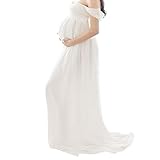 NIDONE Maternity Dress Lady Chiffon Off Shoulder Photography Maxi Dress Pregnants Trailing Gown White S