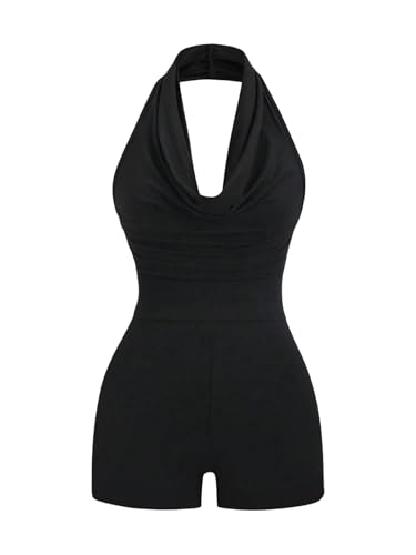 Image of GORGLITTER Jumpsuits for Women Uk Off The Shoulder Halter Neck Unitards Backless Bodycon Summer Shorts Romper Clubwear 3 Way Wear Black Large