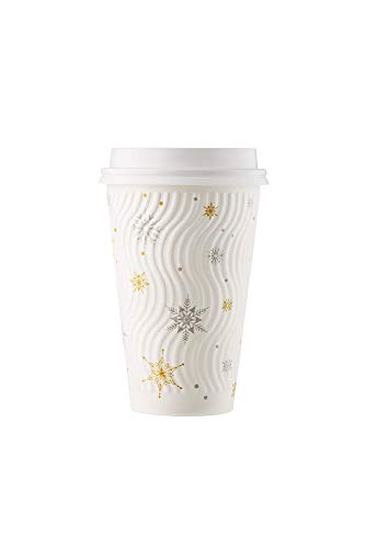 HARVEST PACK 16 oz White Snowflake Insulated Ripple Wall Paper Cup with Lid, Gold and Silver Foil, Coffee Tea Hot Chocolate Drinks To go [100 SETS]