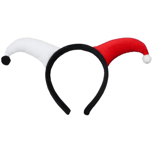 winying Bandeau De Tête De Bouffon De Mardi Gras Bandeau De Clown Fou Corne Penchée Avec Pompon Fascinant Pour Fête De Cosplay Rouge et Blanc Taille unique
