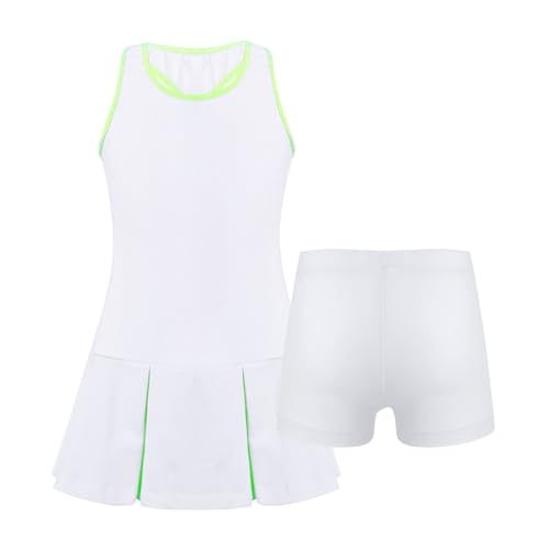 ranrann - ranrann Enfant Fille Ensemble de Sport Robe de Tennis avec Short Tennis Golf Badminton Tenue Sport 5-14 Ans, Blanc, 13-14 ans