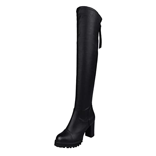 FAMOORE Thigh High Boots Outfits Leather Back Zip Chunky High Heel Over Knee Boots Women Dress Boots with Low Heels (Black, 7) -  GGUjtxtEz